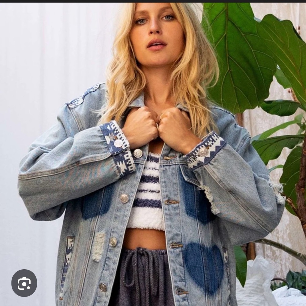 POL Light Blue Denim Jacket with Dark Blue Heart and Pocket Accents
